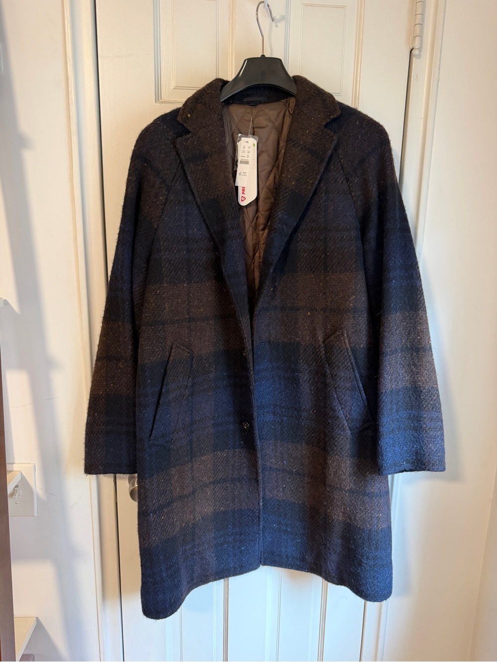 J Crew Navy and Brown Check Wool-Blend Trench Coat